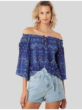 NWT Hale Bob Dida Top XL Embroidered Off-The-Shoulder Navy Bardot Peasant Boho
